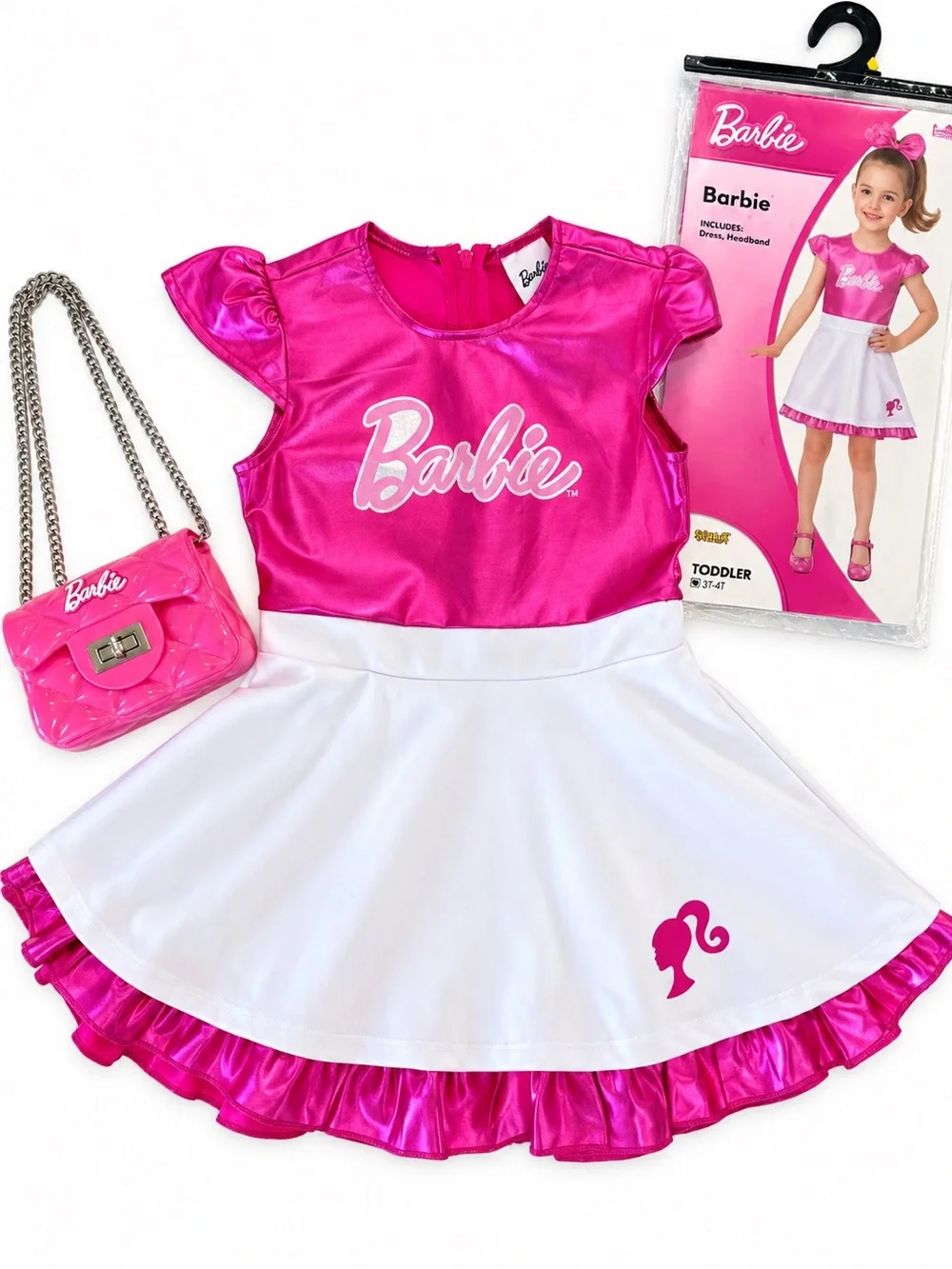 Barbie Girl Halloween Costume Pink Dress, Wig, Headband, Bow & Belt Size 3T/4T